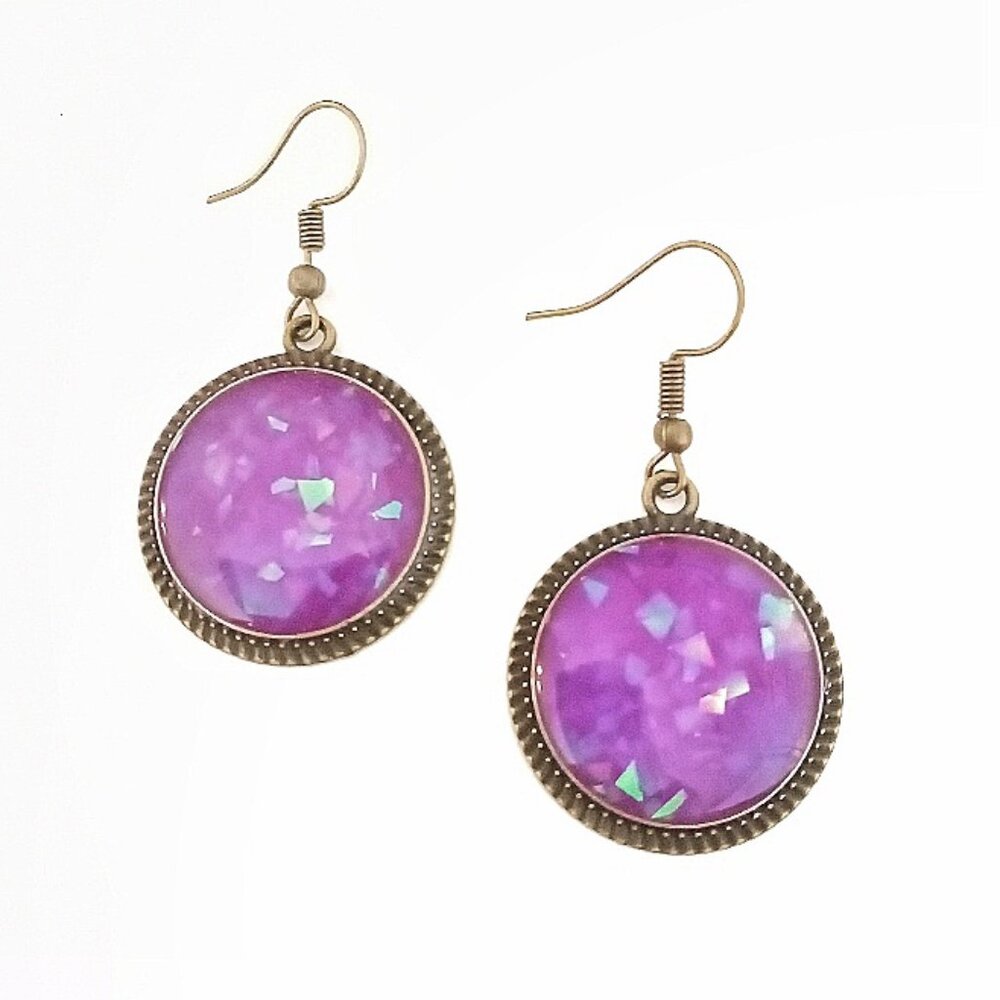 Purple faux fire opal glow in dark  bronze round dangle earrings New Handmade